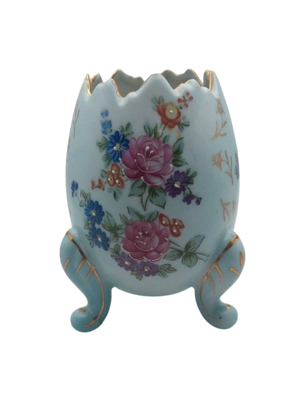 Vintage MCM Ardco Japanese Porcelain Floral Cracked Egg Footed Vase Gold Trim